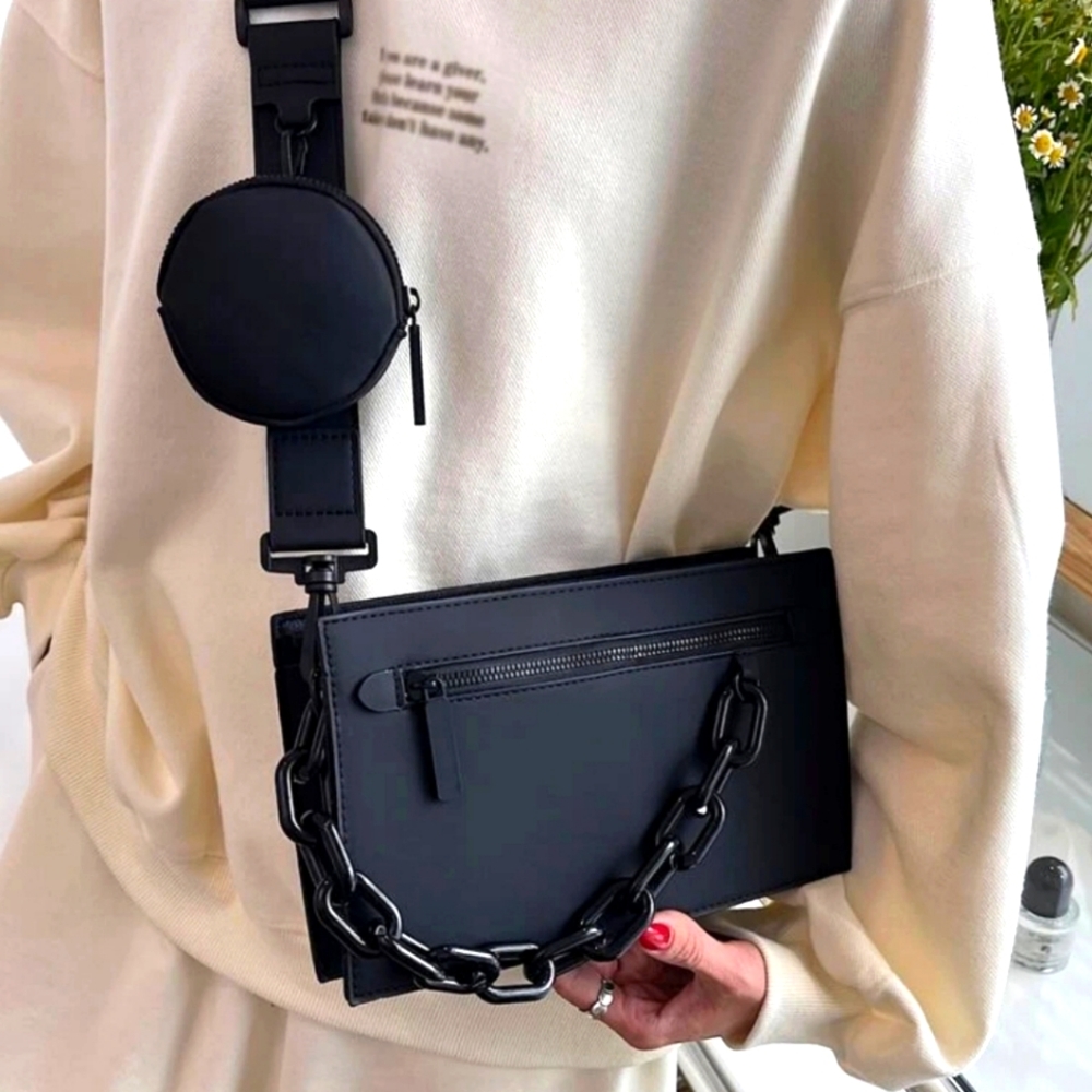 Minimalist all black purse with chain and coin purse